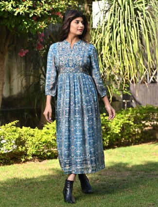 Printed blue long kurti in cotton