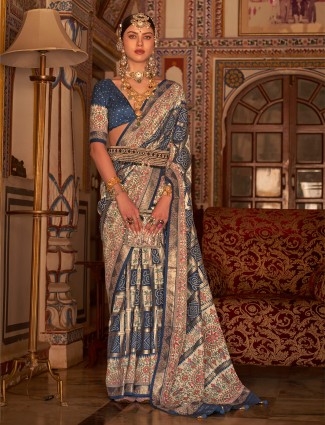Printed blue saree with swarovski border