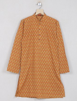 Printed bronze orange cotton kurta suit
