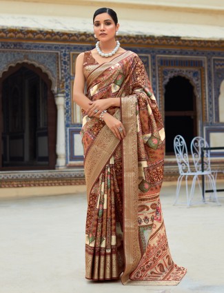 Printed brown dola silk saree