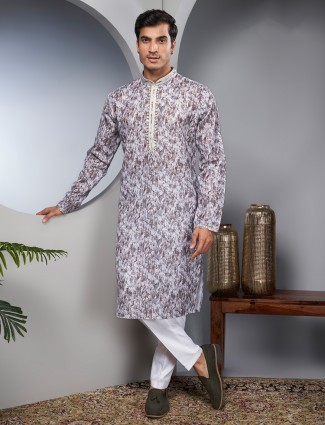 Printed brown linen cotton kurta suit