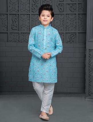 Printed cotton kurta suit in sky blue
