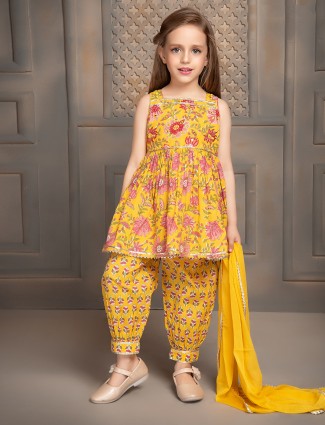 Printed cotton yellow salwar suit