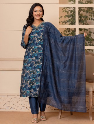 Printed dark blue kurti set in cotton