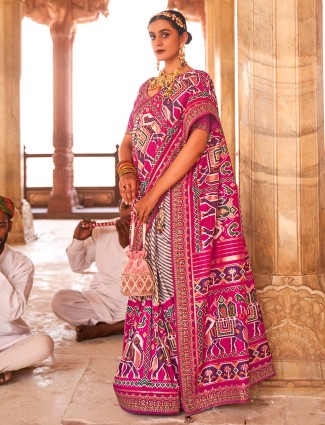 Printed dark pink patola silk saree