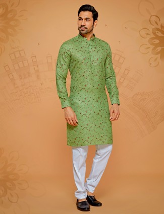 Printed green kurta suit in linen cotton