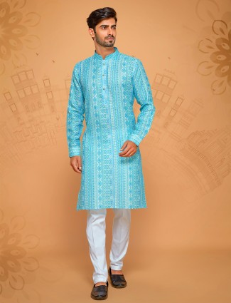 Printed linen cotton kurta suit in aqua