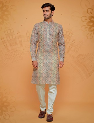Printed linen cotton kurta suit in beige