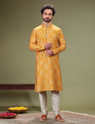 Printed mustard yellow cotton silk kurta suit