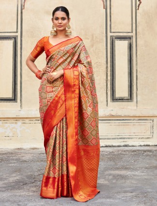 Printed orange silk saree