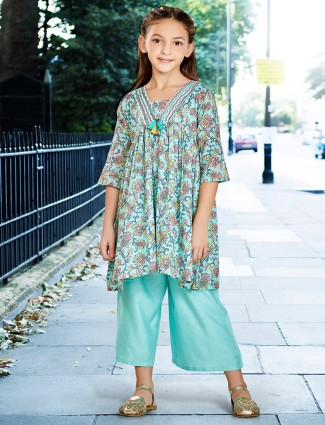 Printed party wear sea green cotton salwar suit for girls