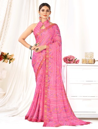 Printed pink chiffon saree