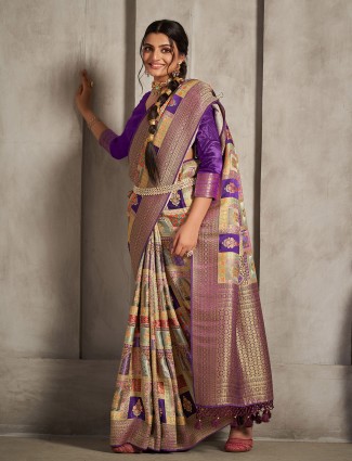 Printed purple and grey silk saree