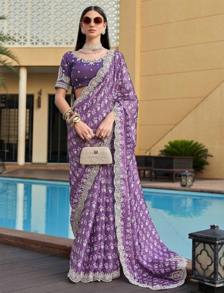 Printed purple semi organza saree