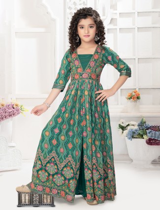 Printed rama green georgette palazzo suit