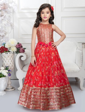 Printed red georgette gown