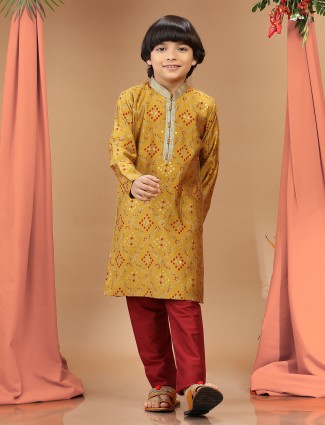 Printed silk kurta suit in mustard yellow