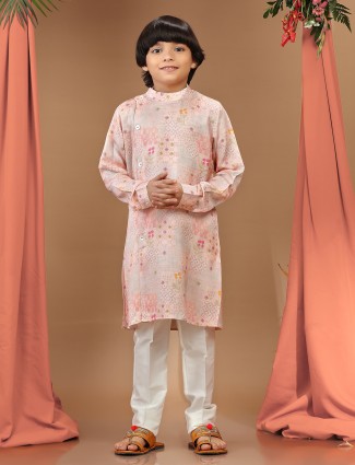 Printed silk light pink kurta suit