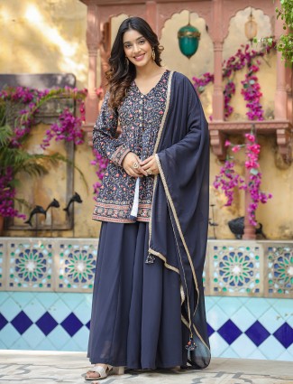 Printed silk palazzo suit in navy