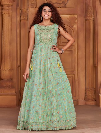 Printed style anarkali georgette suit in pistachio green