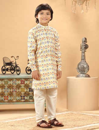 Printed white kurta suit in silk for boys