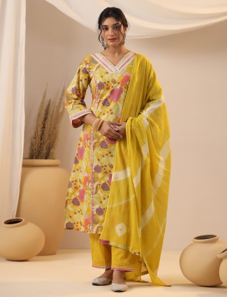 Printed yellow kurti set in silk