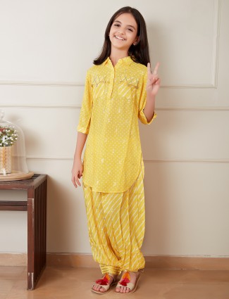 Printed yellow silk salwar suit