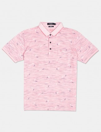 Psoulz pink printed slim fit cotton polo t-shirt