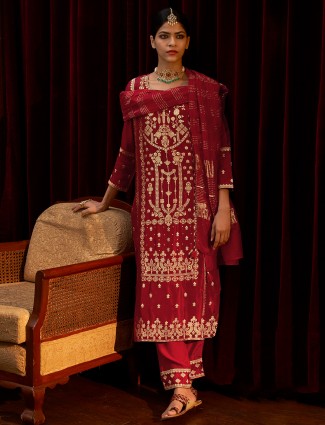 Punjabi maroon festive wear silk pant set