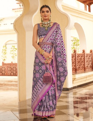 Purple and grey printed saree