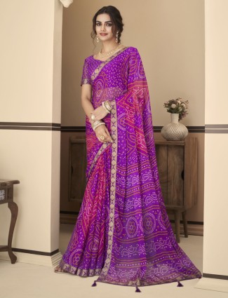Purple chiffon bandhej printed saree