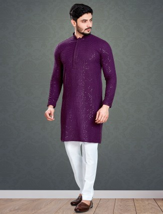 Purple embroidery cotton kurta suit