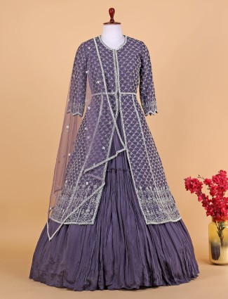 Purple raw silk indowestern style lehenga suit