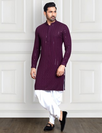Purple rayon cotton kurta with peshawari dhoti