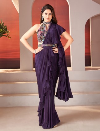 Purple silk ruffle saree