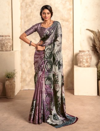 Purple soft satin silk printed saree