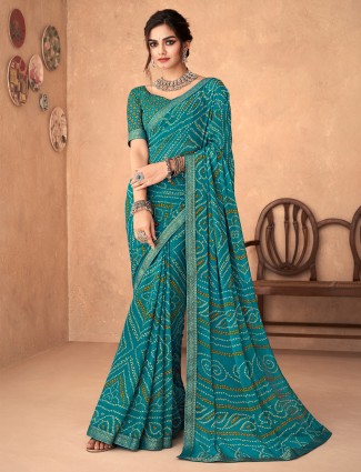 Rama blue chiffon printed saree