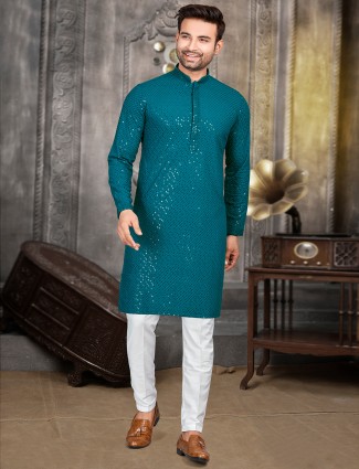 Rama blue embroidery kurta suit in cotton