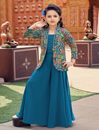 Rama blue jacket style palazzo suit in georgette