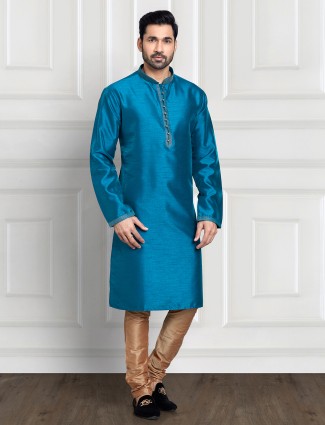Rama blue plain cotton silk kurta suit