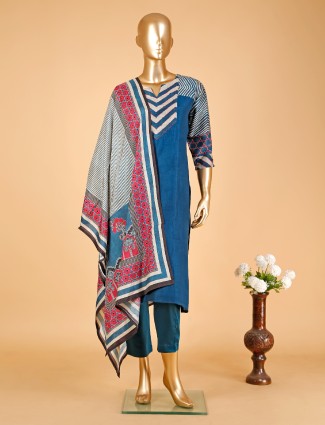 Rama blue printed kurti set in silk
