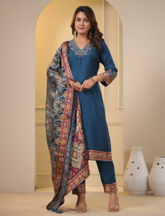 Rama blue silk kurti set with dupatta