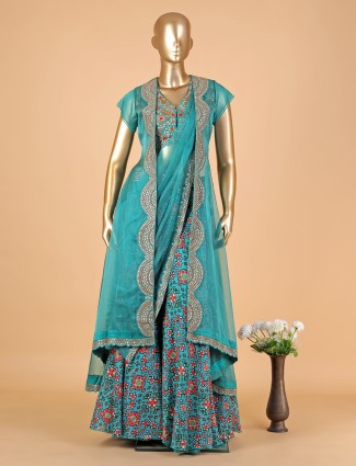Rama blue silk patola printed palazzo suit