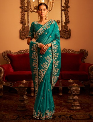 Rama blue soft organza saree for wedding