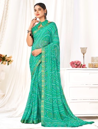 Rama green chiffon printed saree