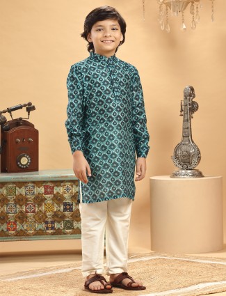 Rama green printed silk kurta suit