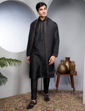 Raw silk black kurta suit