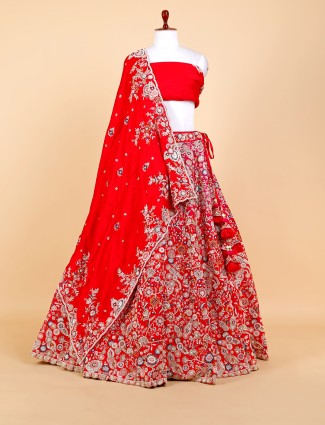Raw silk bridal unstitched lehenga choli in red