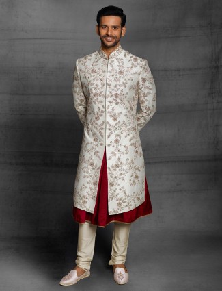 Raw silk cream color sherwani for wedding event