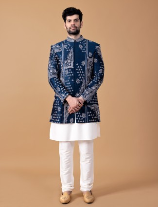 Raw silk indowestern in royal blue